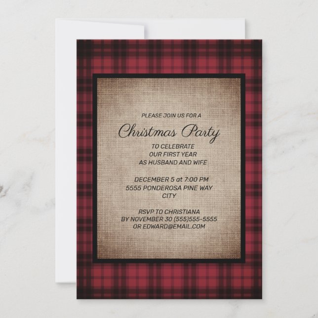 Invitation Fête de Noël en burlap à carreaux de Buffalo rusti (Devant)