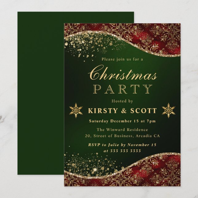 Invitation Fête de Noël en Damas Glitter Rouge, Vert & Or (Devant / Derrière)