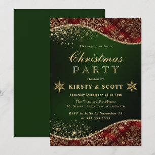Invitation Fête de Noël en Damas Glitter Rouge, Vert & Or