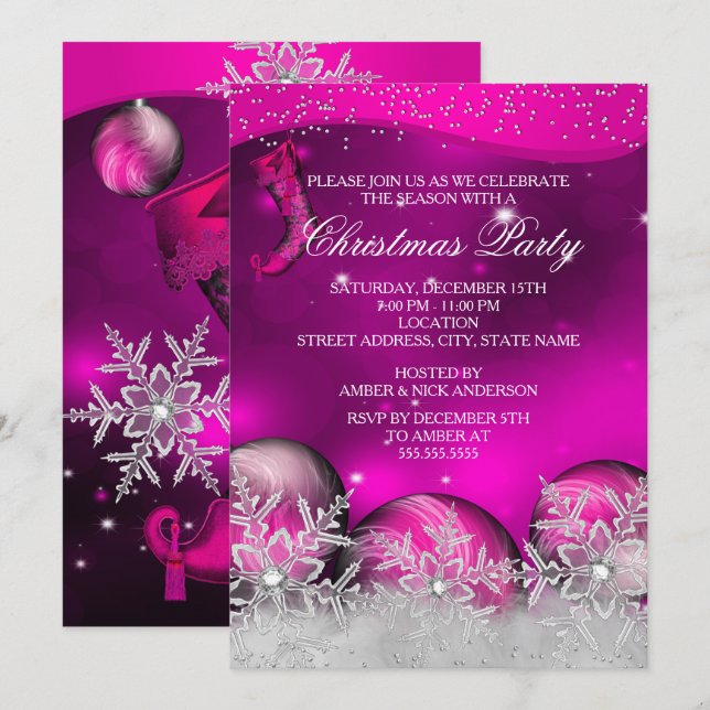 Invitation Fête de Noël en flocon de cristal rose vif (Devant / Derrière)