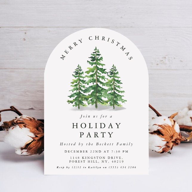 Invitation Fête de Noël en forêt de pins à l'aquarelle (Créateur téléchargé)