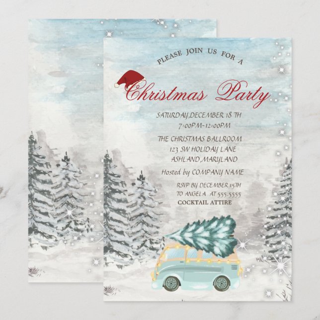 Invitation Fête de Noël en forêt de pins avec camion (Devant / Derrière)