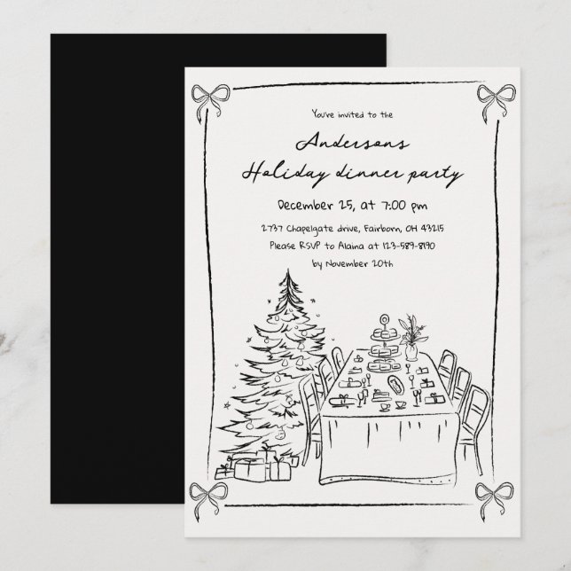 Invitation Fête de Noël en noir et blanc dessinée à la main  (Devant / Derrière)