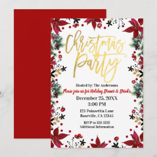 Invitation Fête de Noël en or Poinsettia Fleurs de Fêtes