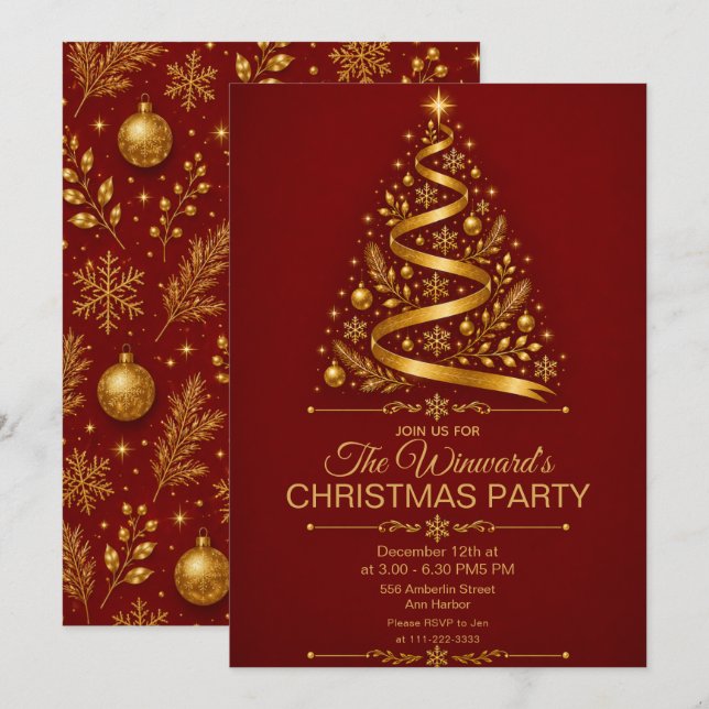 Invitation Fête de Noël en or rouge (Devant / Derrière)
