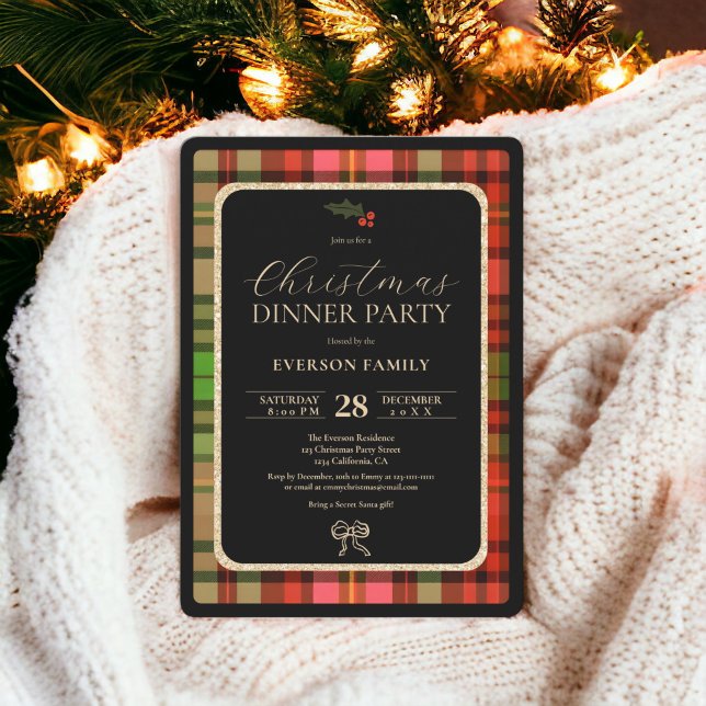 Invitation Fête de Noël en or traditionnel (Traditional gold Festive Plaid Christmas Party Invitation)