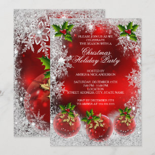 Invitation Fête de Noël en rouge Houx Boule flocon de neige