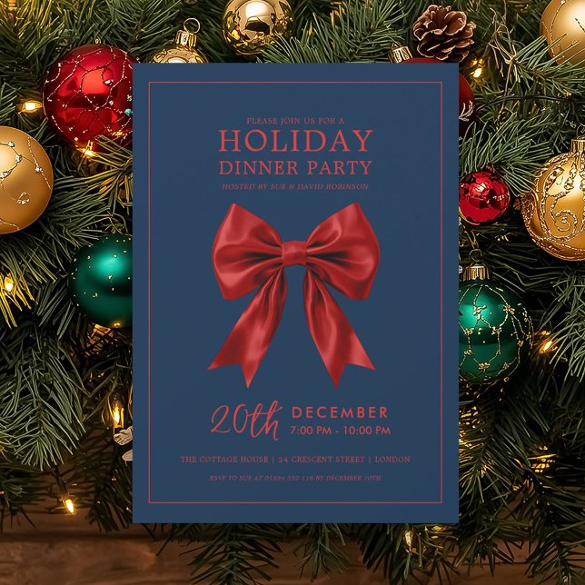 Invitation Fête de Noël en soirée Rouge Satin Bow Navy  (Holiday Dinner Party Red Satin Bow Navy Invitation)