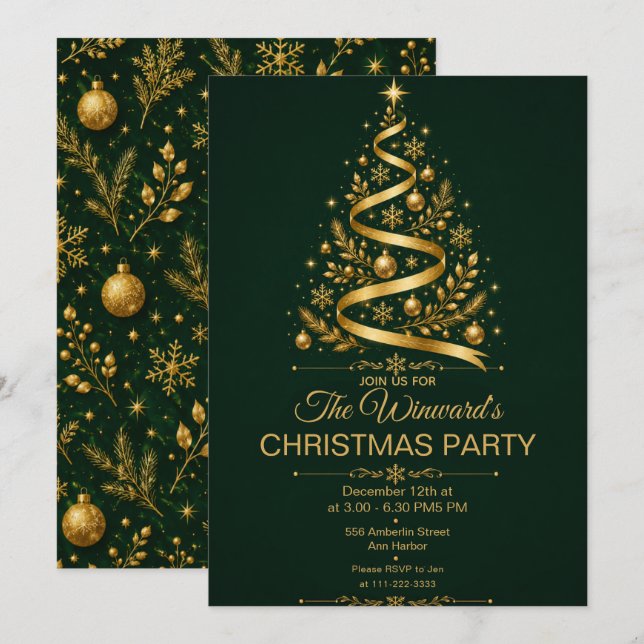 Invitation Fête de Noël en vert foncé et or (Devant / Derrière)