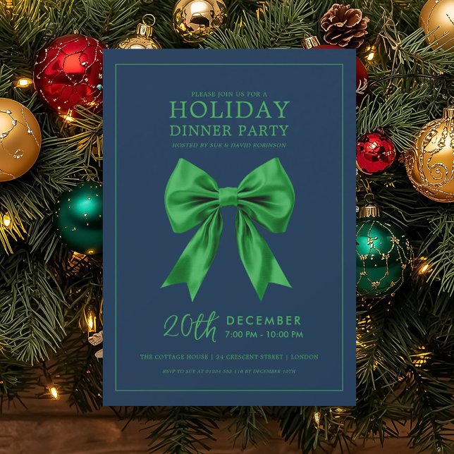 Invitation Fête de Noël en vert Satin Bow Navy  (Holiday Dinner Party Green Satin Bow Navy Invitation)