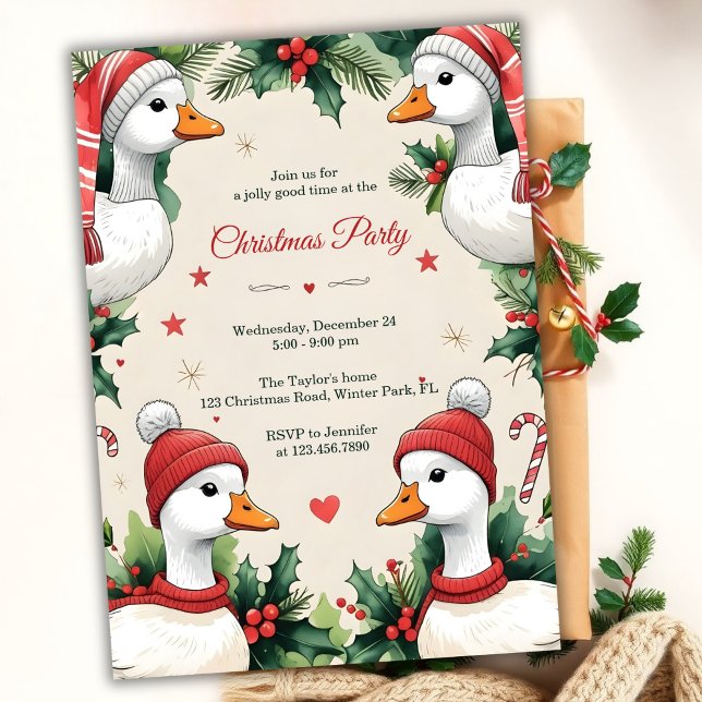 Invitation Fête de Noël Enchantée de la Compagnie de l'Oie Do (Whimsical Goose Christmas Party Invitation. Cozy Winter Hats, Holly & Candy Canes)