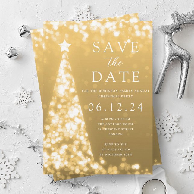 Invitation Fête de Noël Enregistrer la date Gold Tree Glam (Christmas Party Save The Date Gold Tree Glam Invitation)