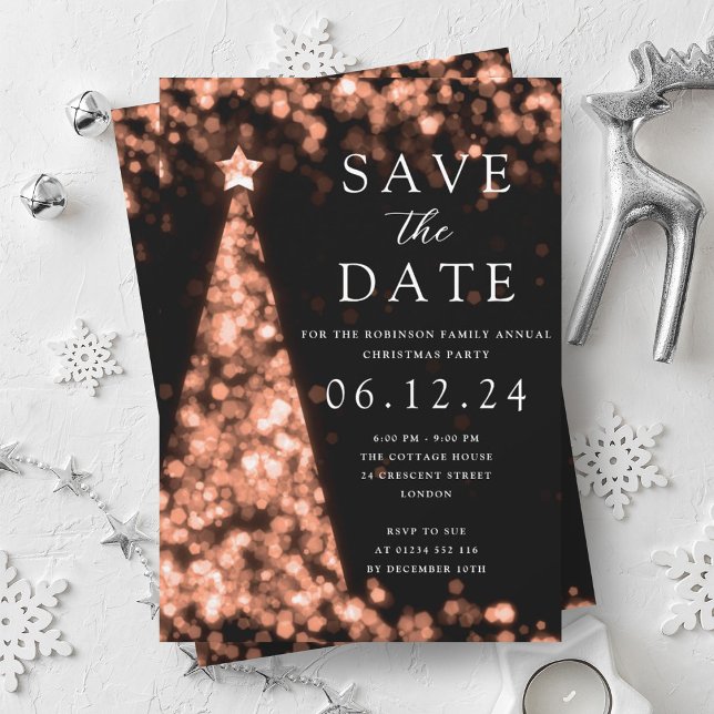 Invitation Fête de Noël Enregistrer la date Rose Gold Tree Gl (Christmas Party Save The Date Rose Gold Tree Glam Invitation)