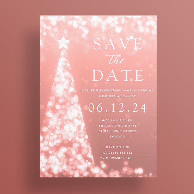Invitation Fête de Noël Enregistrer la date Rose Gold Tree Gl (Christmas Party Save The Date Rose Gold Tree Glam Invitation)