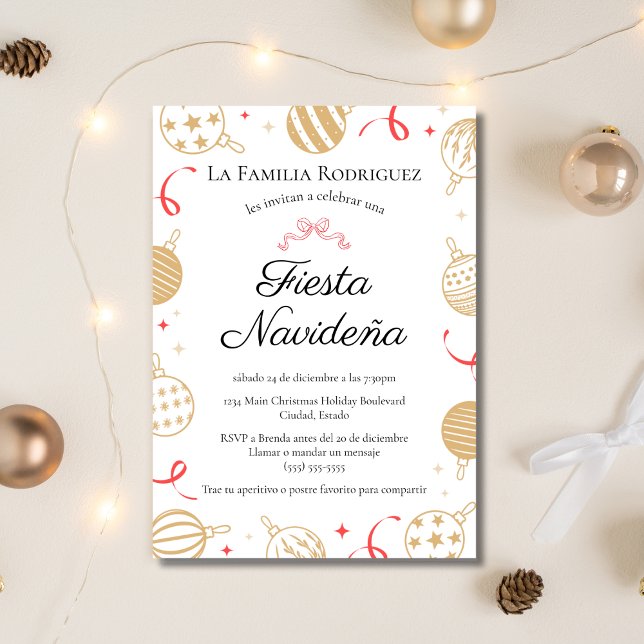 Invitation Fête de Noël espagnole dorée et rouge Fiesta Navid (Créateur téléchargé)