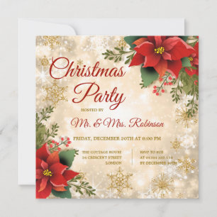 Invitation Fête de Noël Étincelle d'or Rouge Poinsettia