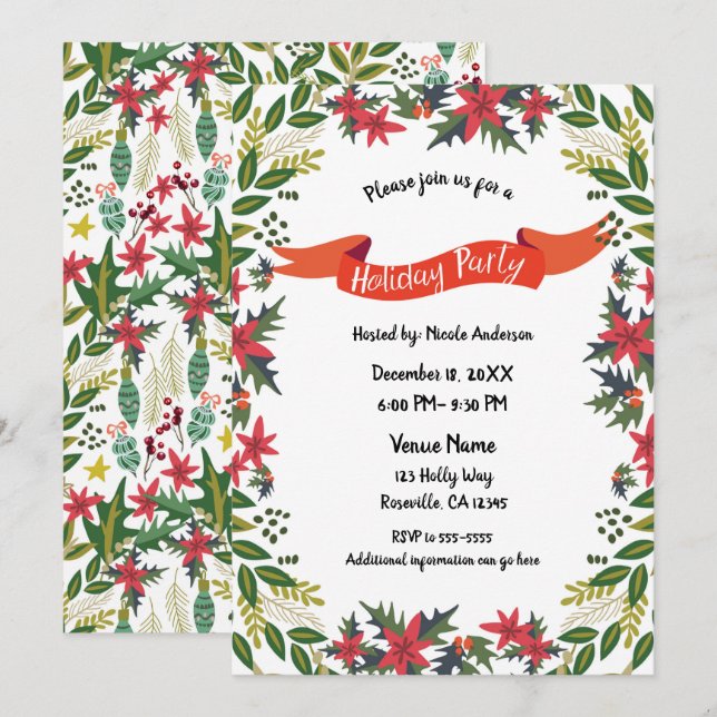 Invitation Fête de Noël Fantaisie Florale Baies (Devant / Derrière)
