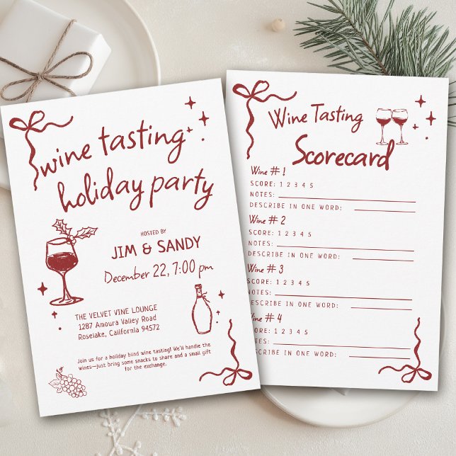 Invitation Fête de Noël Fantaisiste Dégustation de Vins (wine tasting holiday party drinks hand drawn winery game charcuterie friendsmas blind christmas )