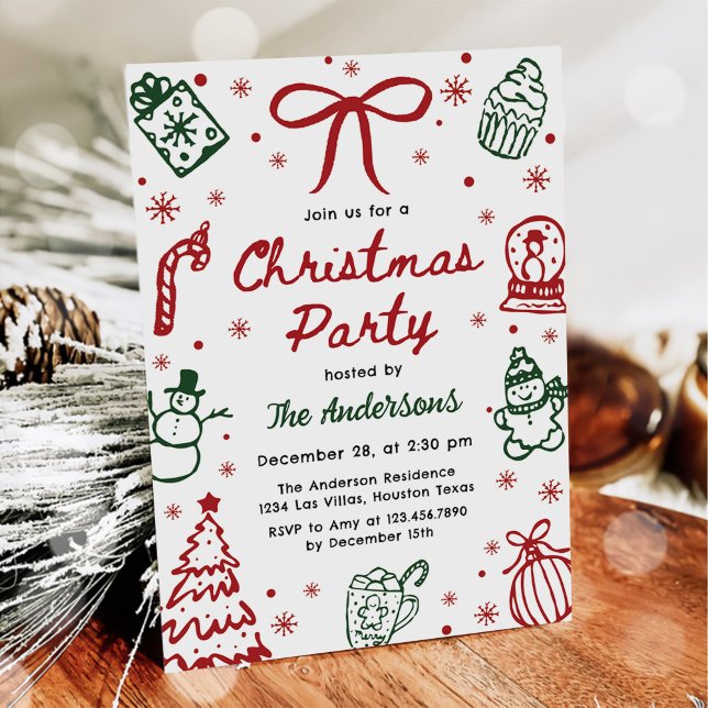 Invitation Fête de Noël fantaisiste dessinée à la main rouge  (Créateur téléchargé)