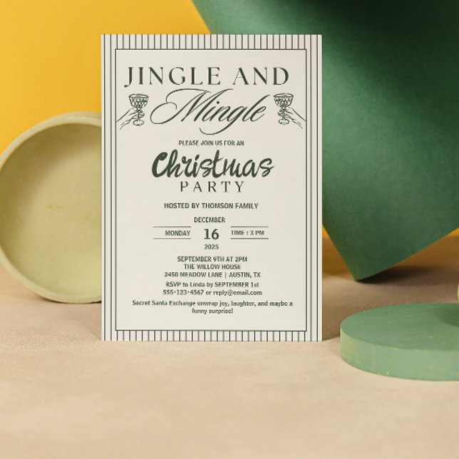 Invitation Fête de Noël Fantaisiste Jingle et Mingle (jingle and mingle christmas invitations exchange christmas cocktail party script trendy greenery)
