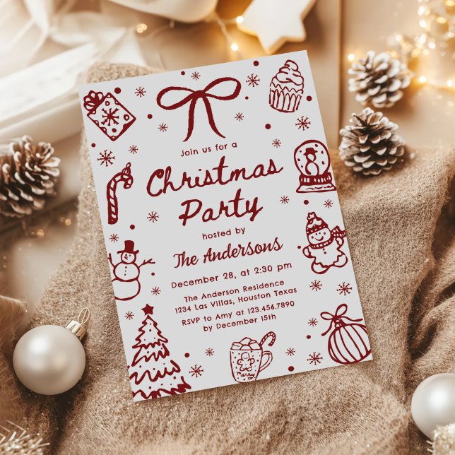 Invitation Fête de Noël fantaisiste rouge dessinée à la main  (Créateur téléchargé)
