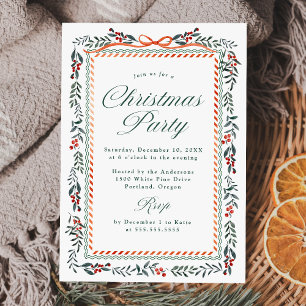 Invitation Fête de Noël fantaisiste ruban rouge et verdure