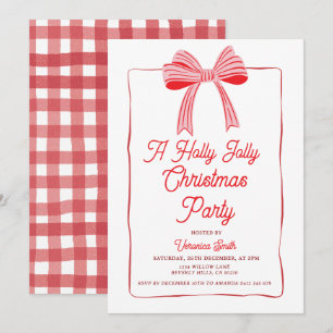 Invitation Fête de Noël festive au houx avec un ruban rose