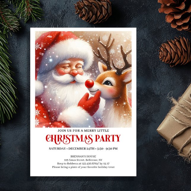 Invitation Fête de Noël festive avec le Père Noël classique e (Classic Santa and Rudolph Festive Christmas Party Invitation

)
