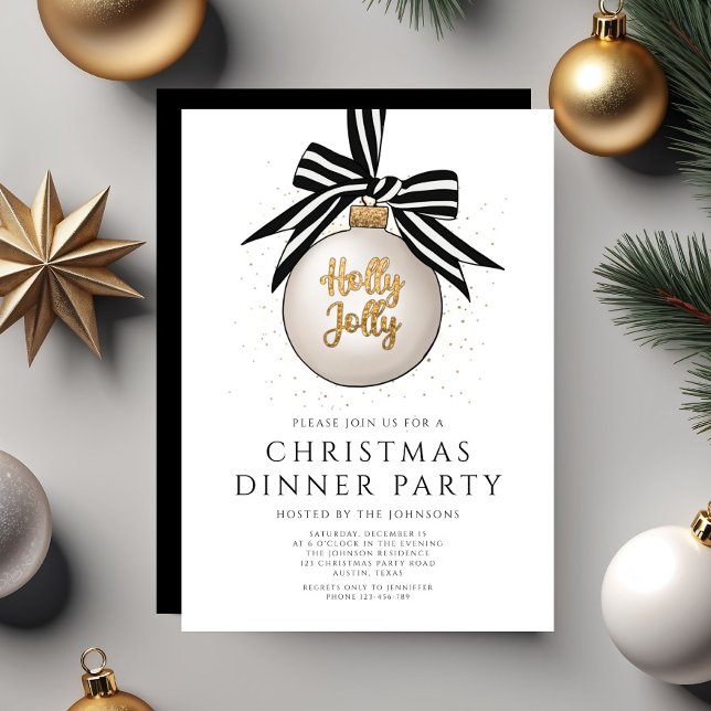 Invitation Fête de Noël festive en noir et blanc (Festive Black And White Christmas Dinner Party Invitation)