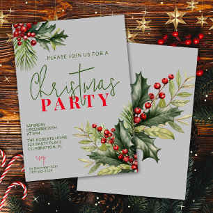 Invitation Fête de Noël festive gris houx et pin