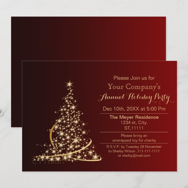 Invitation Fête de Noël festive Red Gold Entreprise (Devant / Derrière)