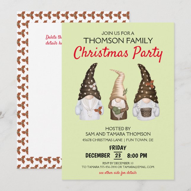 Invitation Fête de Noël festive verte des Gnomes modernes (Devant / Derrière)
