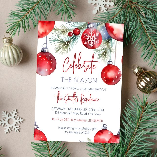 Invitation Fête de Noël fête la saison (Celebrate the season Christmas party template invitation instant download watercolor red baubles )