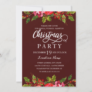 Invitation Fête de Noël Feuille de Houx Aquarelle Bourgogne