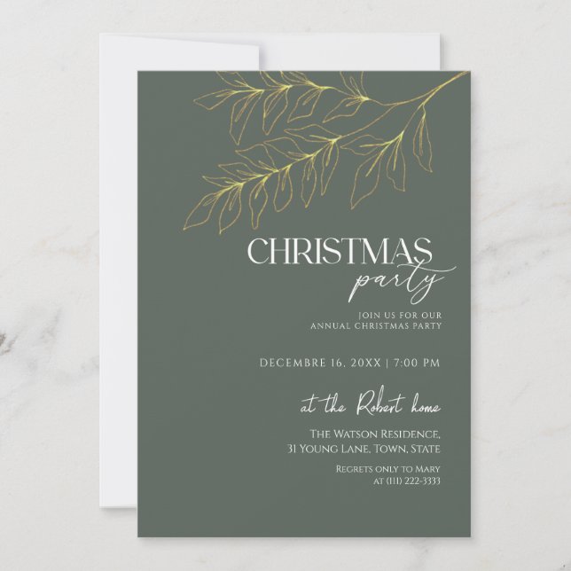 Invitation Fête de Noël Feuille Verte & Dorée  (Devant)