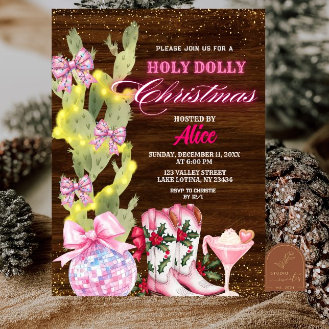 Invitation Fête de Noël fille rose Cactus Wild West (Créateur téléchargé)