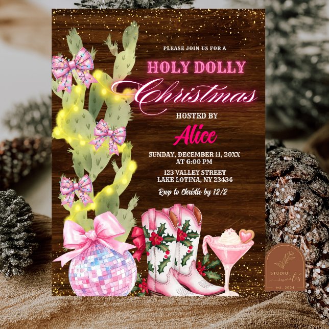 Invitation Fête de Noël fille rose Cactus Wild West (Créateur téléchargé)