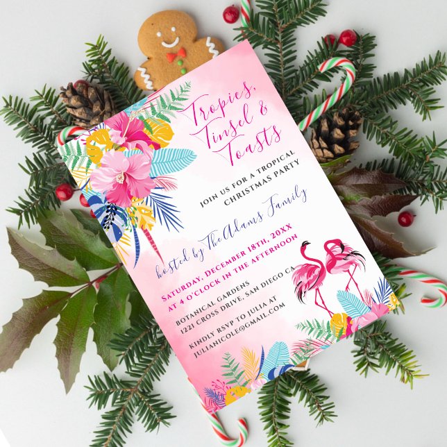 Invitation Fête de Noël Flamant Rose Forêt Tropicale Sauvage (Créateur téléchargé)