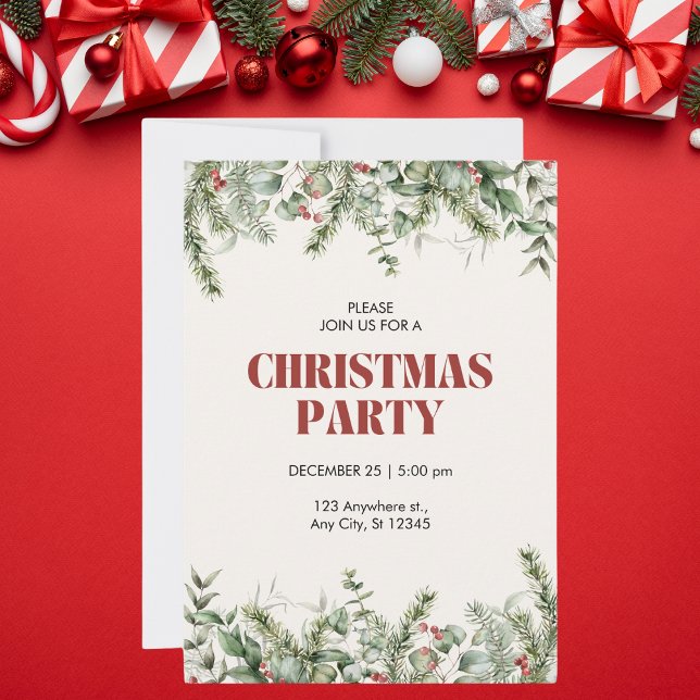 Invitation Fête de Noël fleurie beige et vert (Créateur téléchargé)