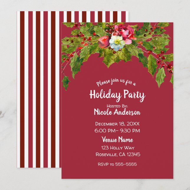 Invitation Fête de Noël Fleurs de houx Baies florales (Devant / Derrière)