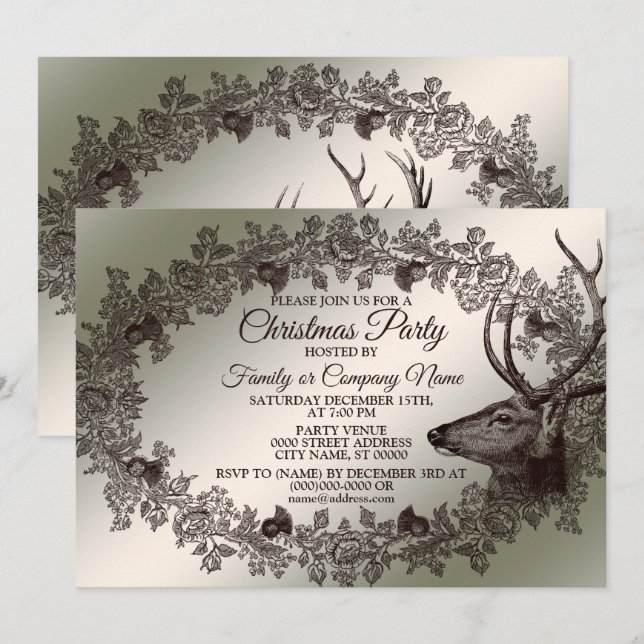 Invitation Fête de Noël Fleurs Renne Doré Hiver (Devant / Derrière)