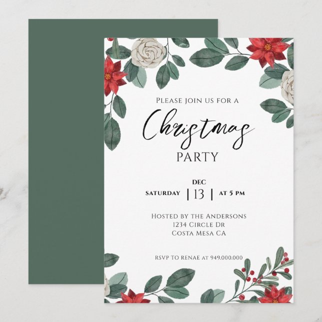 Invitation Fête de Noël Fleurs Rouges Vertes (Devant / Derrière)