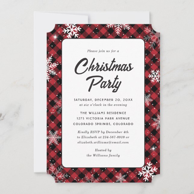 Invitation Fête de Noël flocon de neige à carreaux Buffalo ro (Devant)