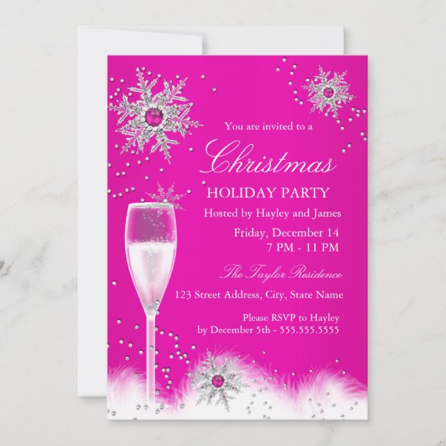Invitation Fête de Noël flocon de neige au champagne rose (Devant)