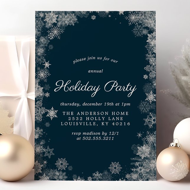 Invitation Fête de Noël Flocon de Neige Bleu Marine Vacances (Créateur téléchargé)