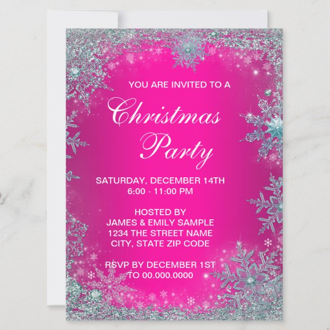 Invitation Fête de Noël Flocon de Neige Bleu Sarcelle Rose Ch (Devant)