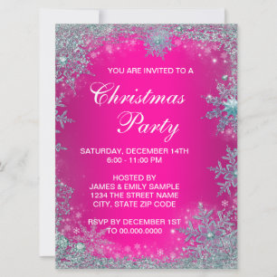 Invitation Fête de Noël Flocon de Neige Bleu Sarcelle Rose Ch