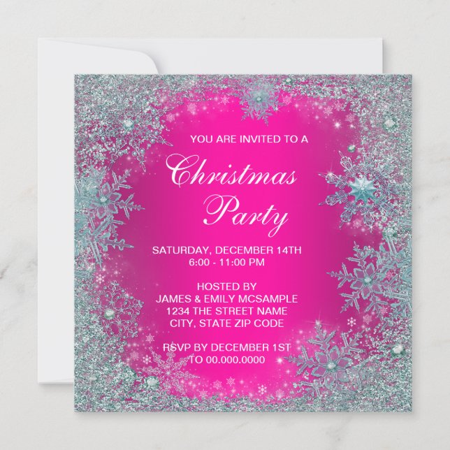 Invitation Fête de Noël Flocon de Neige Bleu Sarcelle Rose Ch (Devant)