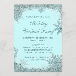 Invitation Fête de Noël Flocon de Neige Bleu Turquoise