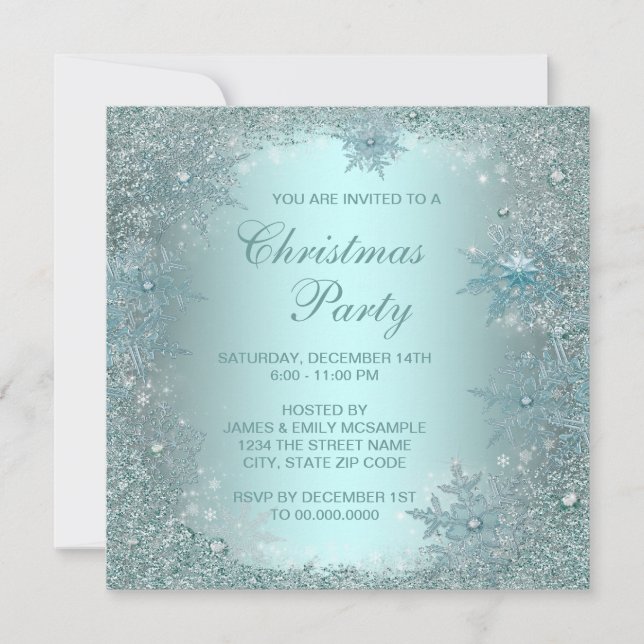 Invitation Fête de Noël Flocon de Neige Bleu Turquoise Élégan (Devant)